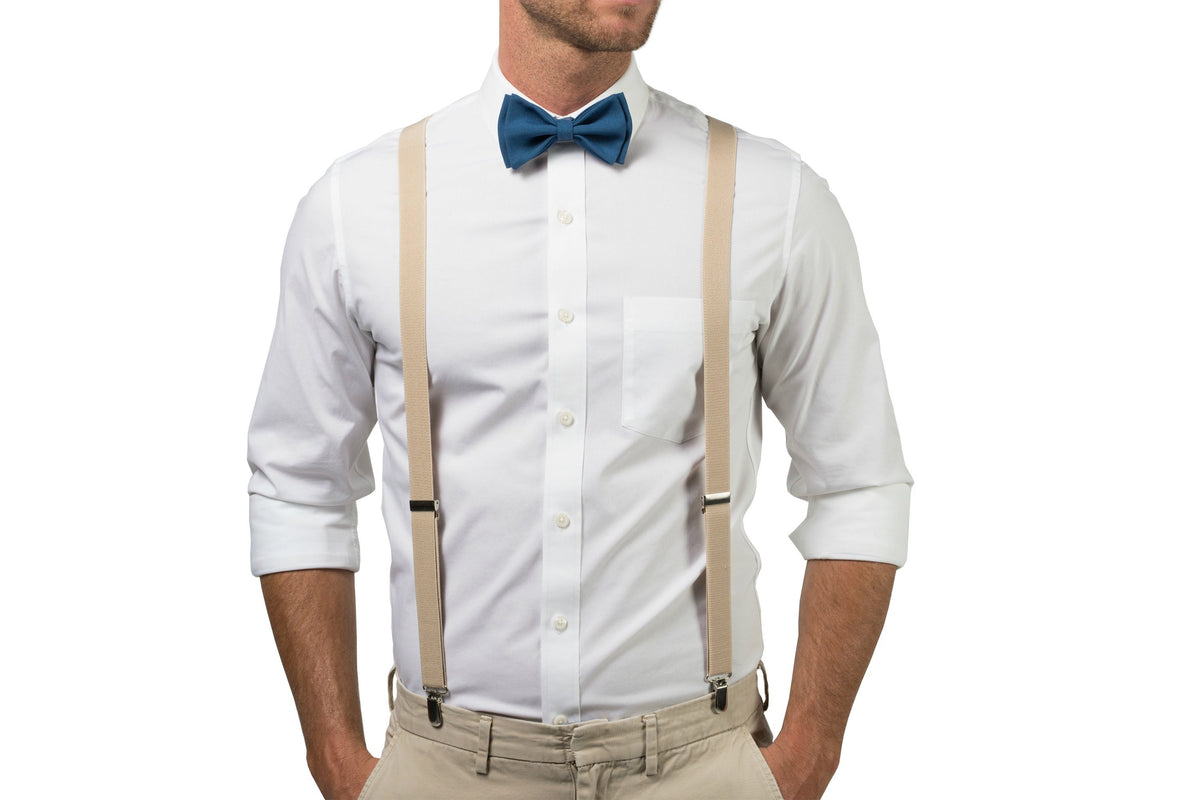 Beige Suspenders &amp; Peacock Bow Tie