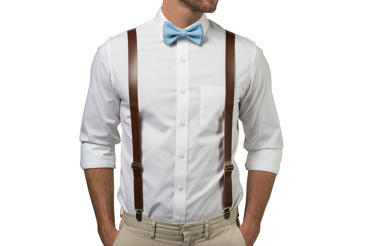Brown Leather Suspenders &amp; Baby Blue Bow Tie