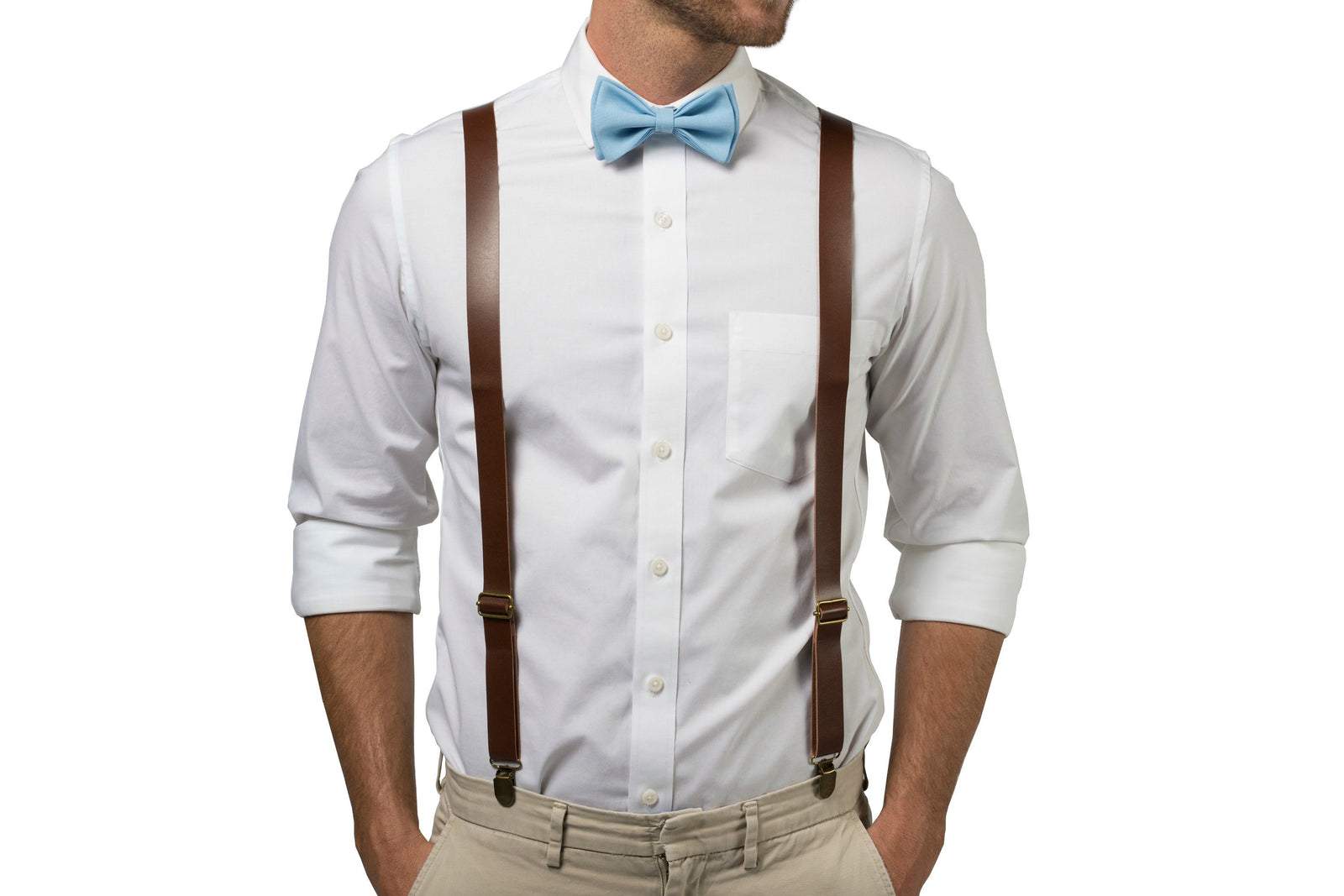 Brown Leather Suspenders & Baby Blue Bow Tie - ARMONIIA