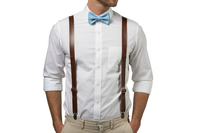 Brown Leather Suspenders & Baby Blue Bow Tie