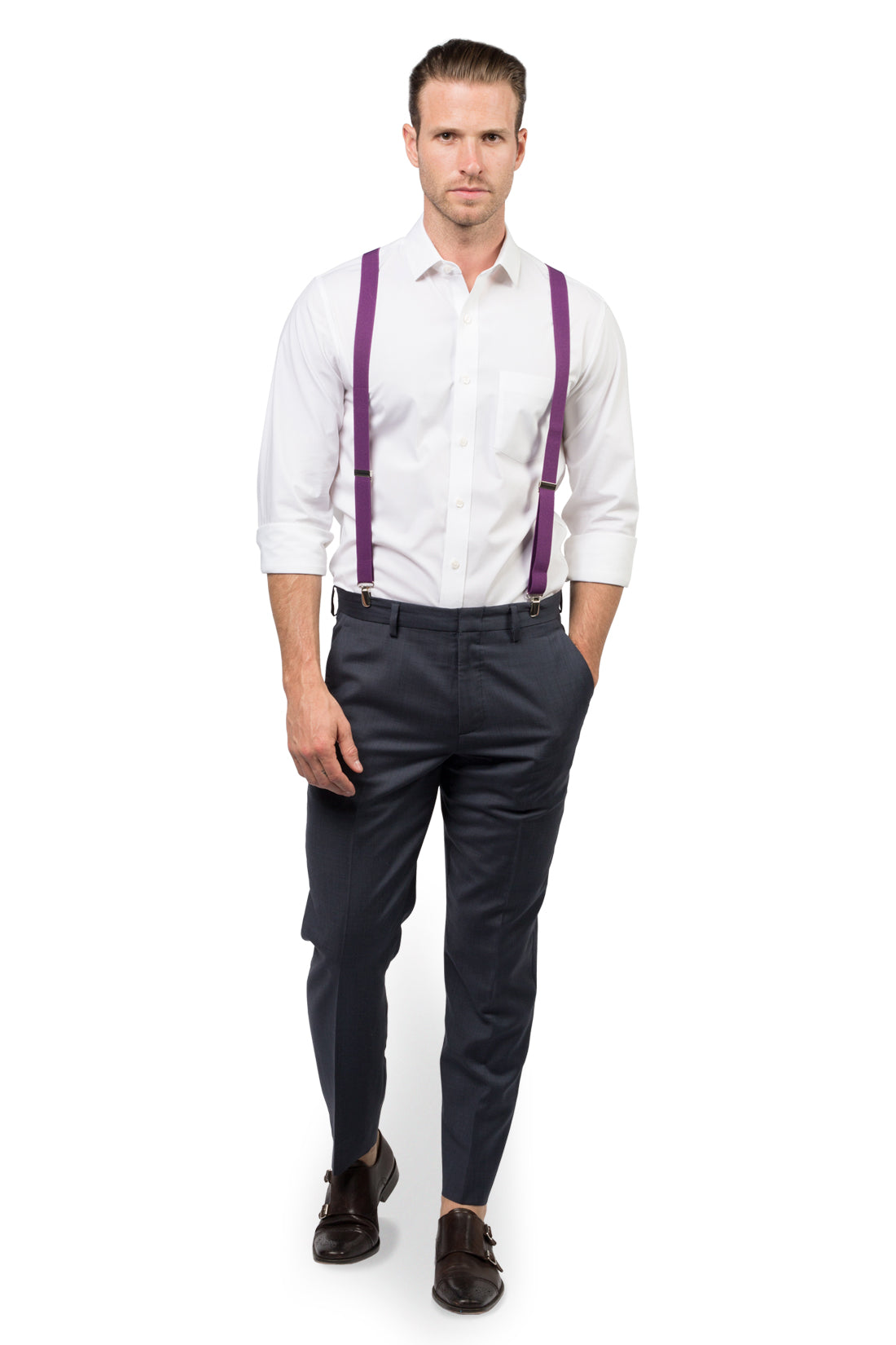Man Wearing Eggplant Purple Suspenders