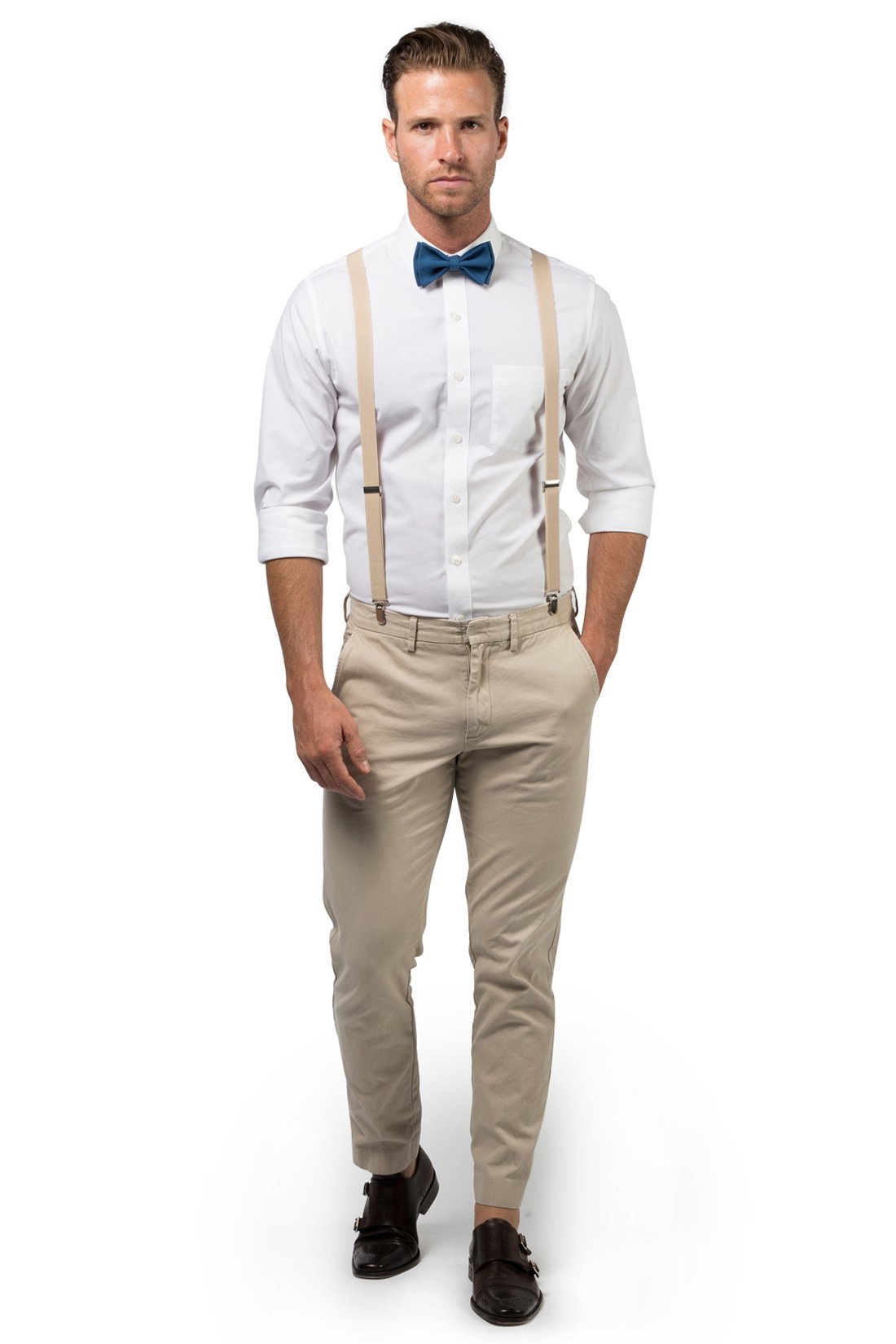 Beige Suspenders & Peacock Bow Tie
