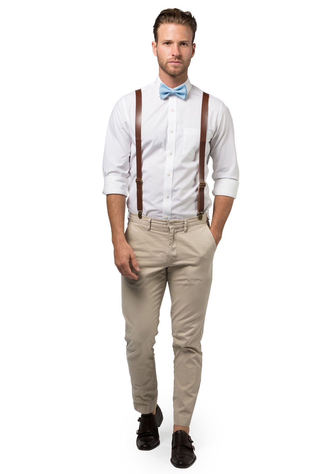 Brown Leather Suspenders &amp; Baby Blue Bow Tie - ARMONIIA