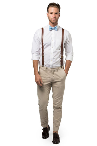 Brown Leather Suspenders & Baby Blue Bow Tie - ARMONIIA