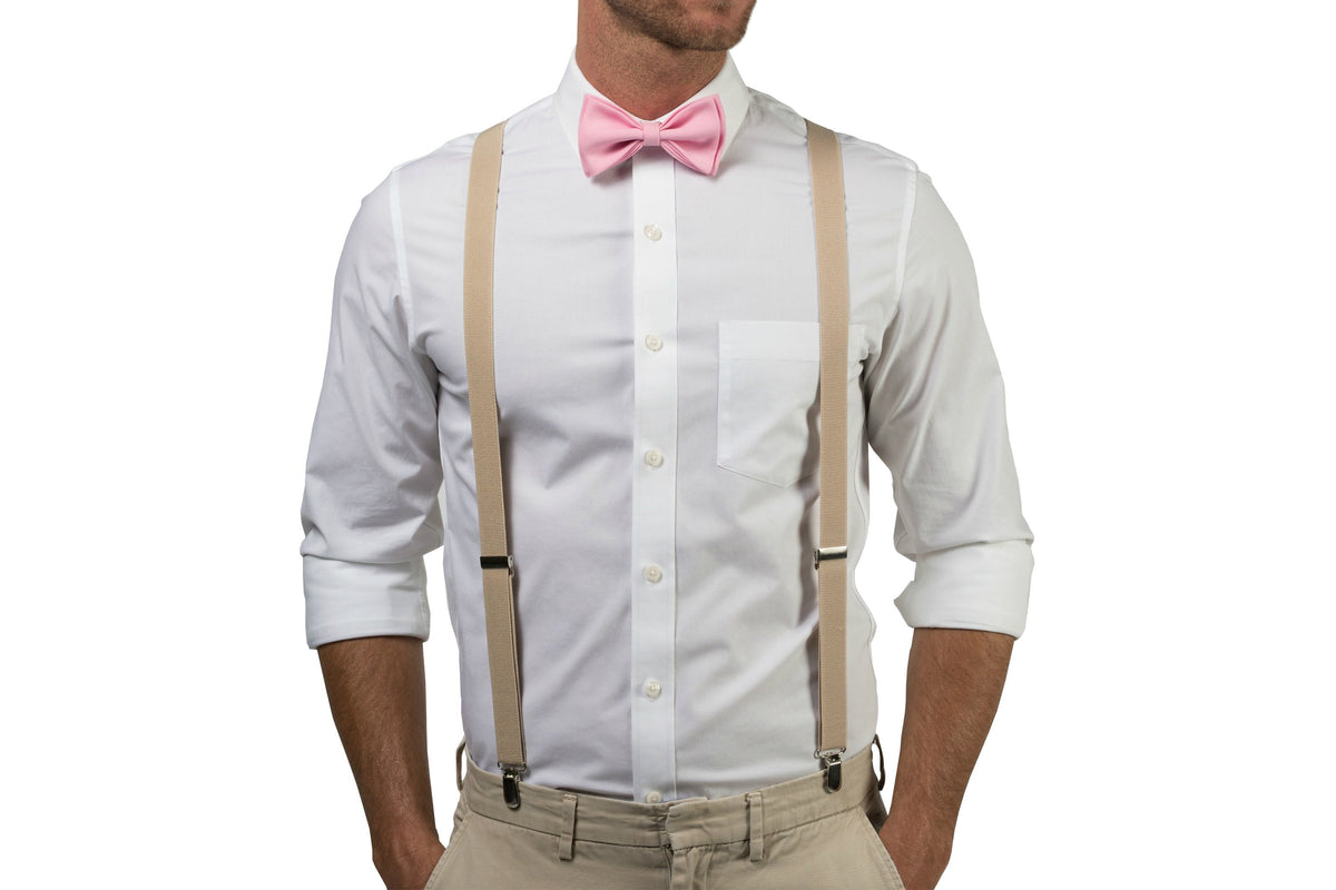 Beige Suspenders &amp; Candy Pink Bow Tie