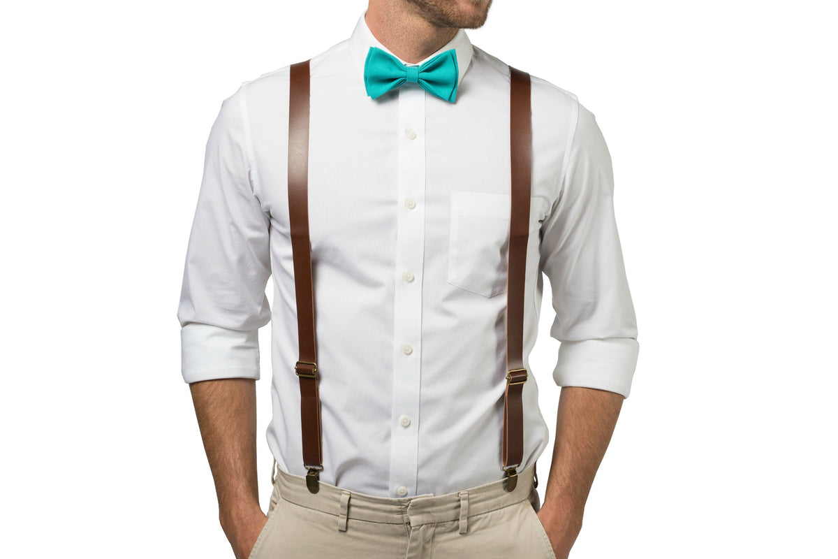 Brown Leather Suspenders &amp; Jade Bow Tie