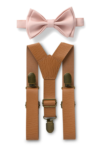 Tan Leather Suspenders & Blush Bow Tie
