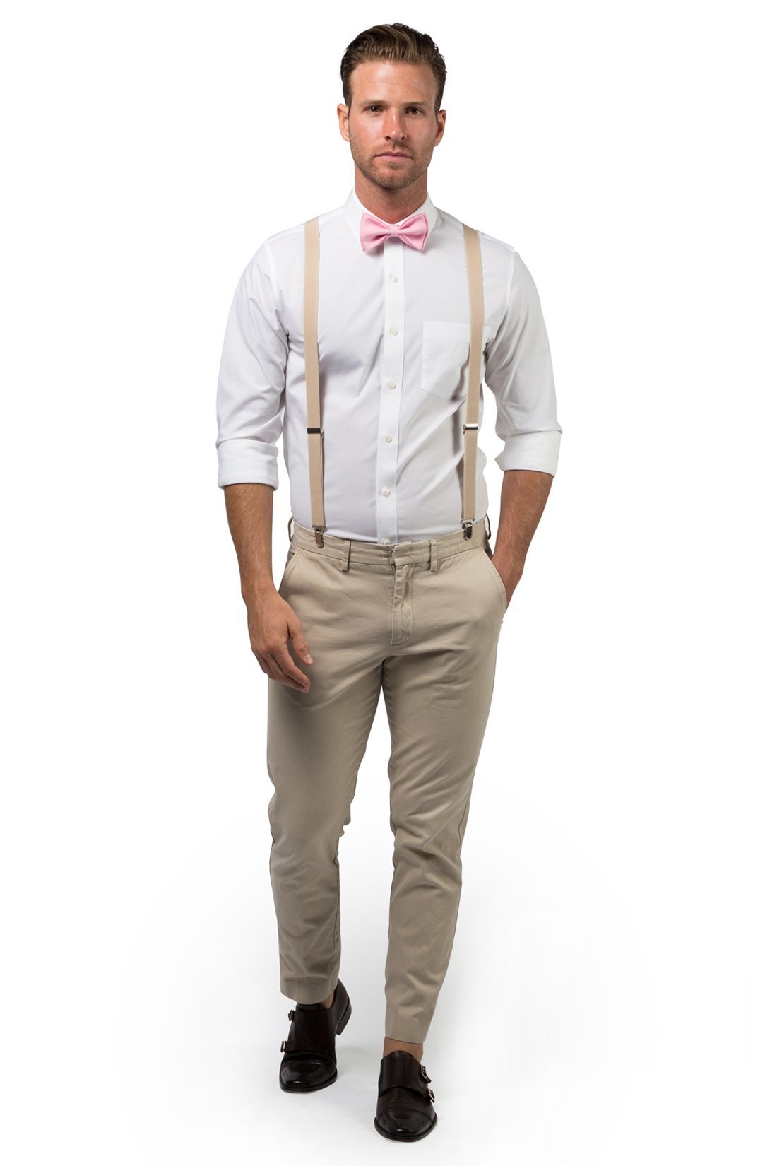 Beige Suspenders &amp; Candy Pink Bow Tie