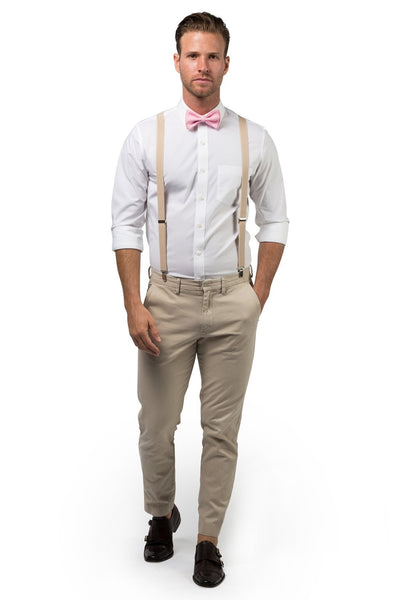 Beige Suspenders & Candy Pink Bow Tie