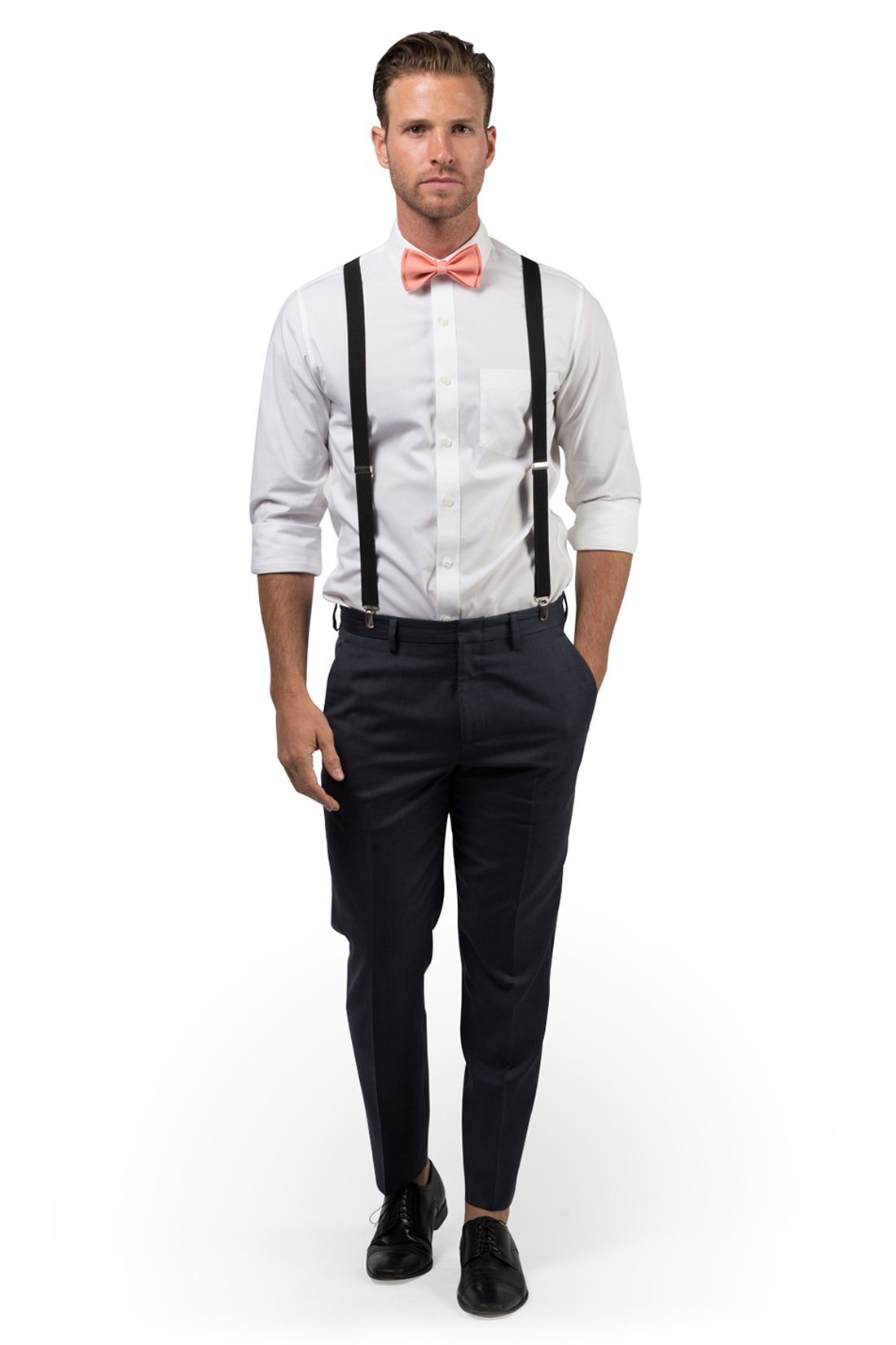 Black Suspenders &amp; Peach Coral Bow Tie