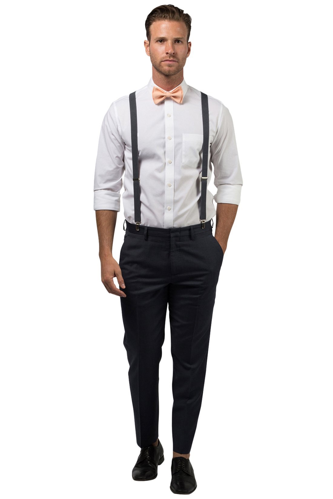 Charcoal Suspenders &amp; Peach Bow Tie