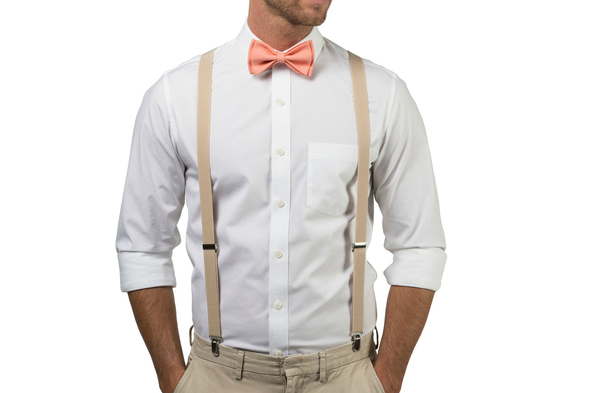 Beige Suspenders &amp; Peach Coral Bow Tie