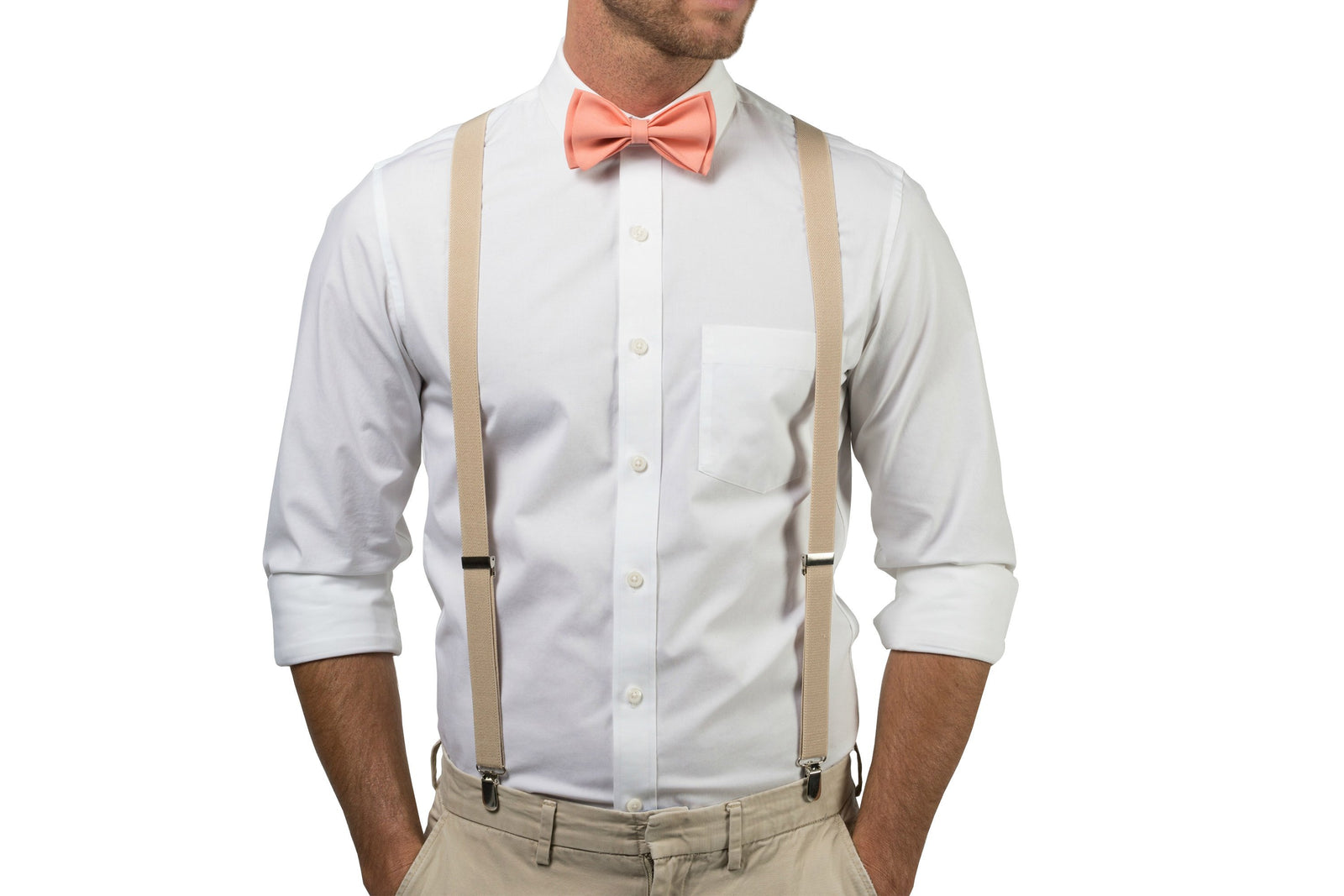 Beige Suspenders & Peach Coral Bow Tie