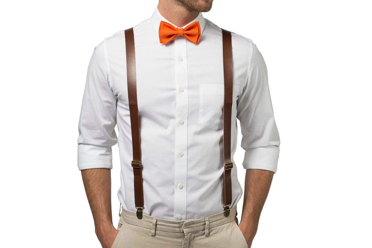Brown Leather Suspenders &amp; Orange Bow Tie