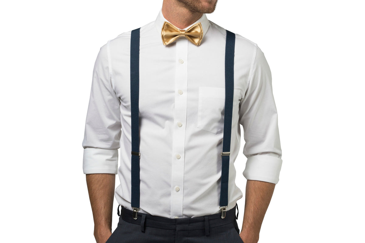 Navy Suspenders &amp; Gold Bow Tie