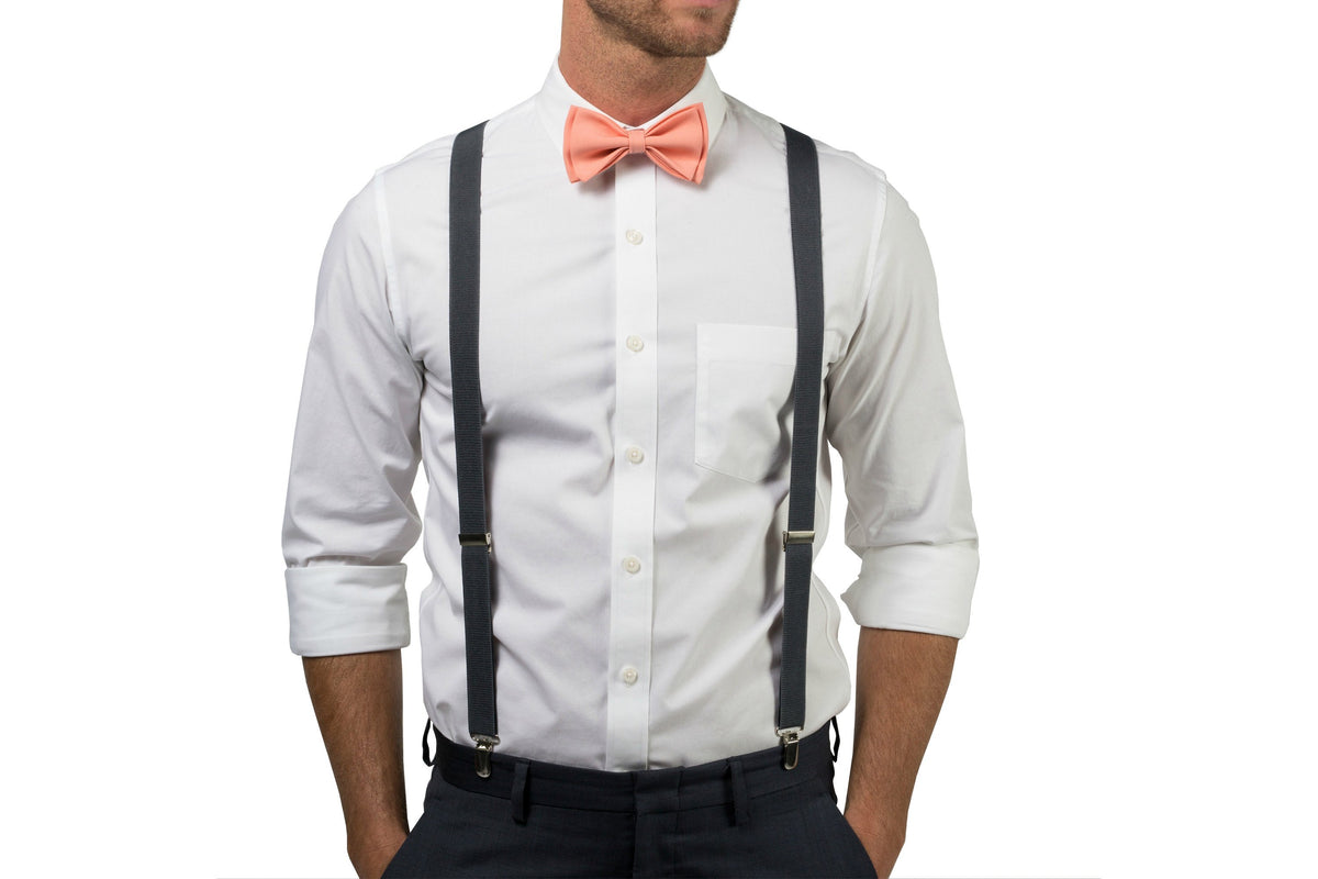 Charcoal Suspenders &amp; Peach Coral Bow Tie