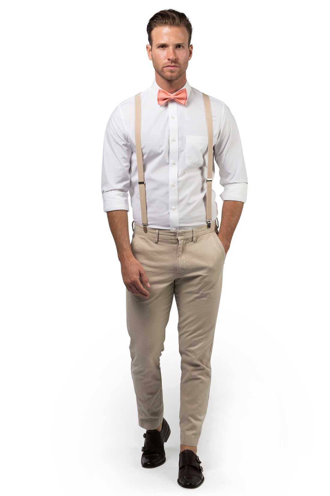 Beige Suspenders &amp; Peach Coral Bow Tie