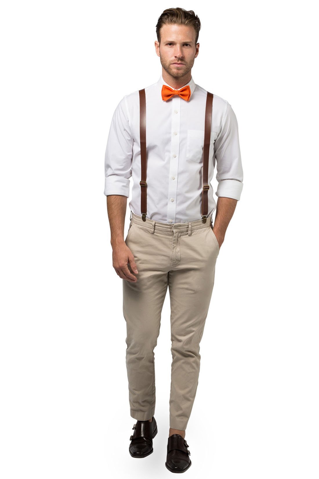 Brown Leather Suspenders &amp; Orange Bow Tie