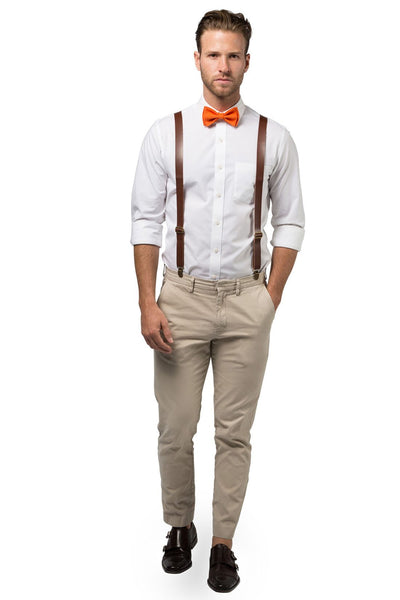 Brown Leather Suspenders & Orange Bow Tie
