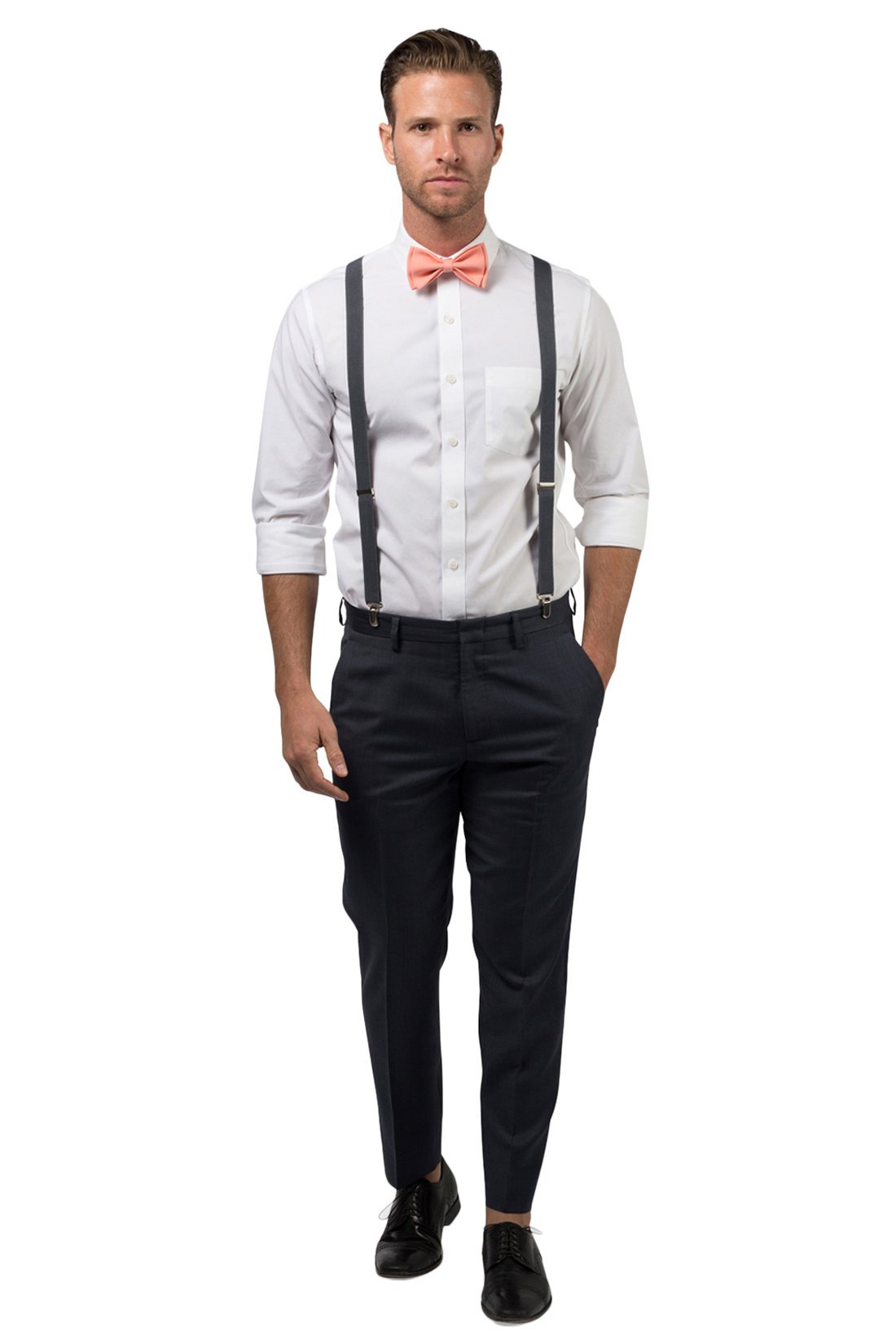 Charcoal Suspenders & Peach Coral Bow Tie