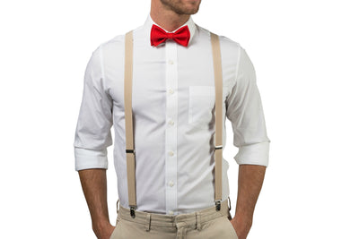 Beige Suspenders & Red Bow Tie