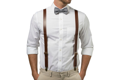 Brown Leather Suspenders & Gingham Black Bow Tie