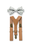 Tan Leather Suspenders & Dusty Sage Floral Bow Tie