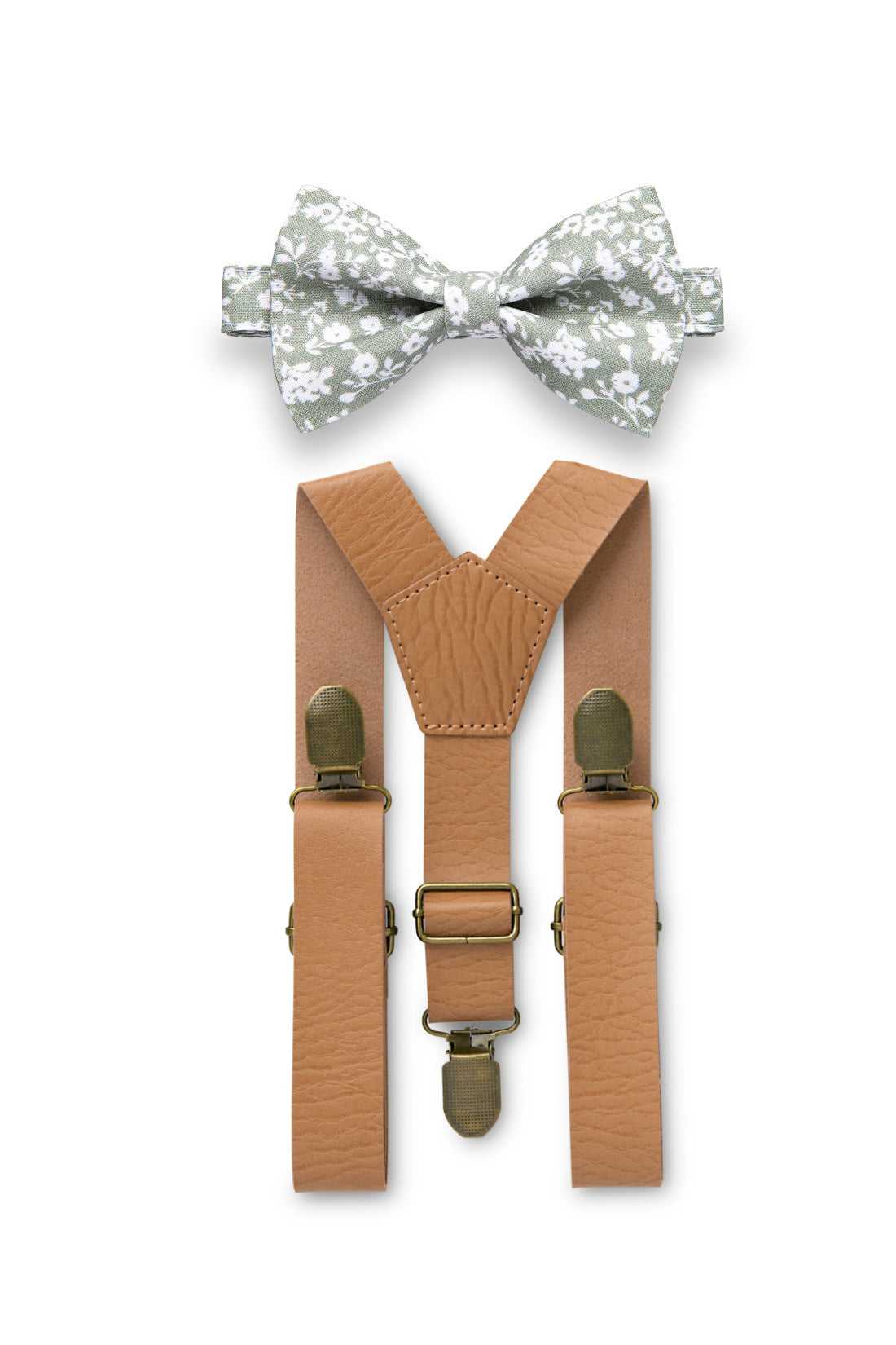 Tan Leather Suspenders &amp; Dusty Sage Floral Bow Tie