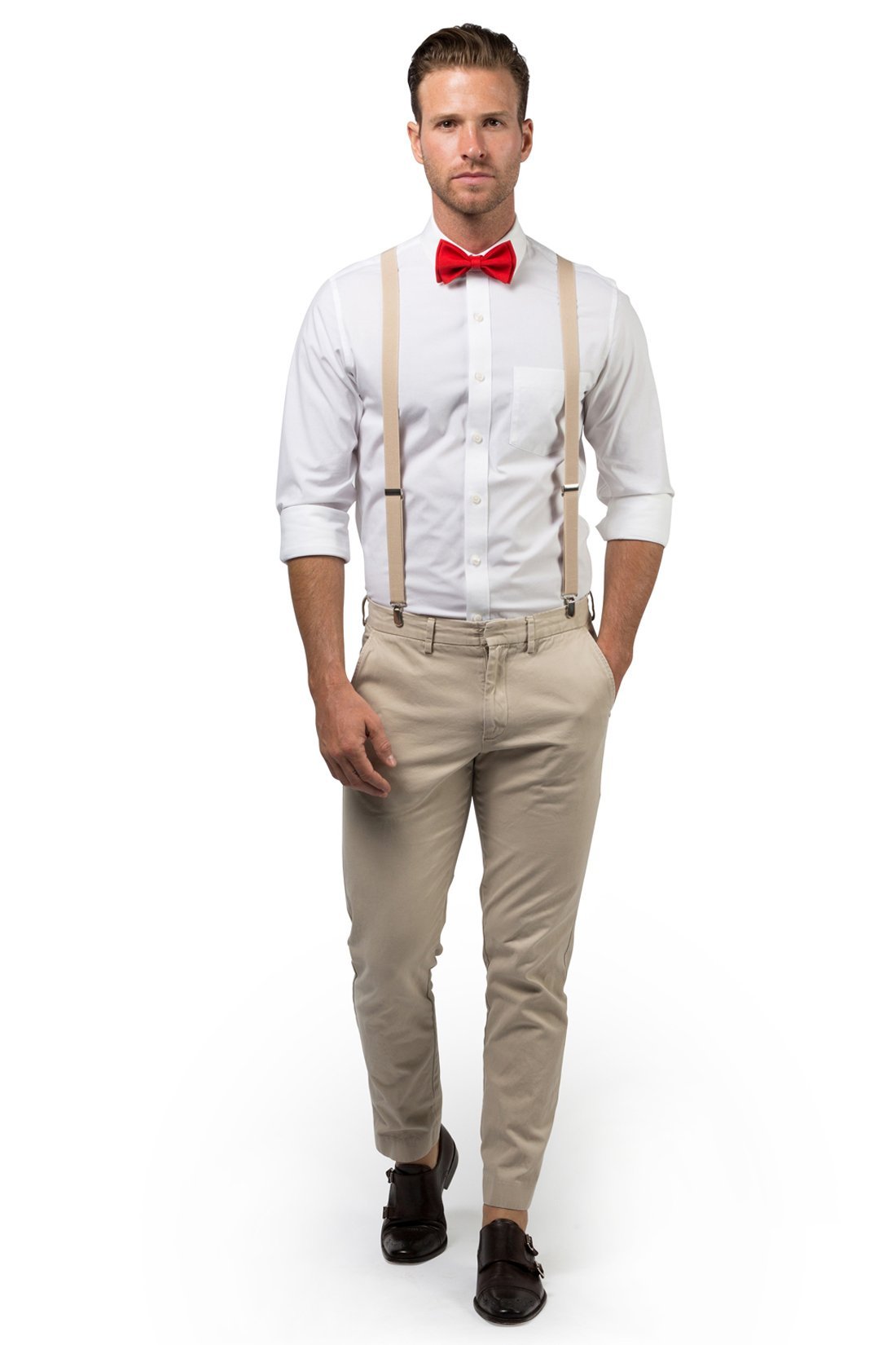 Beige Suspenders & Red Bow Tie