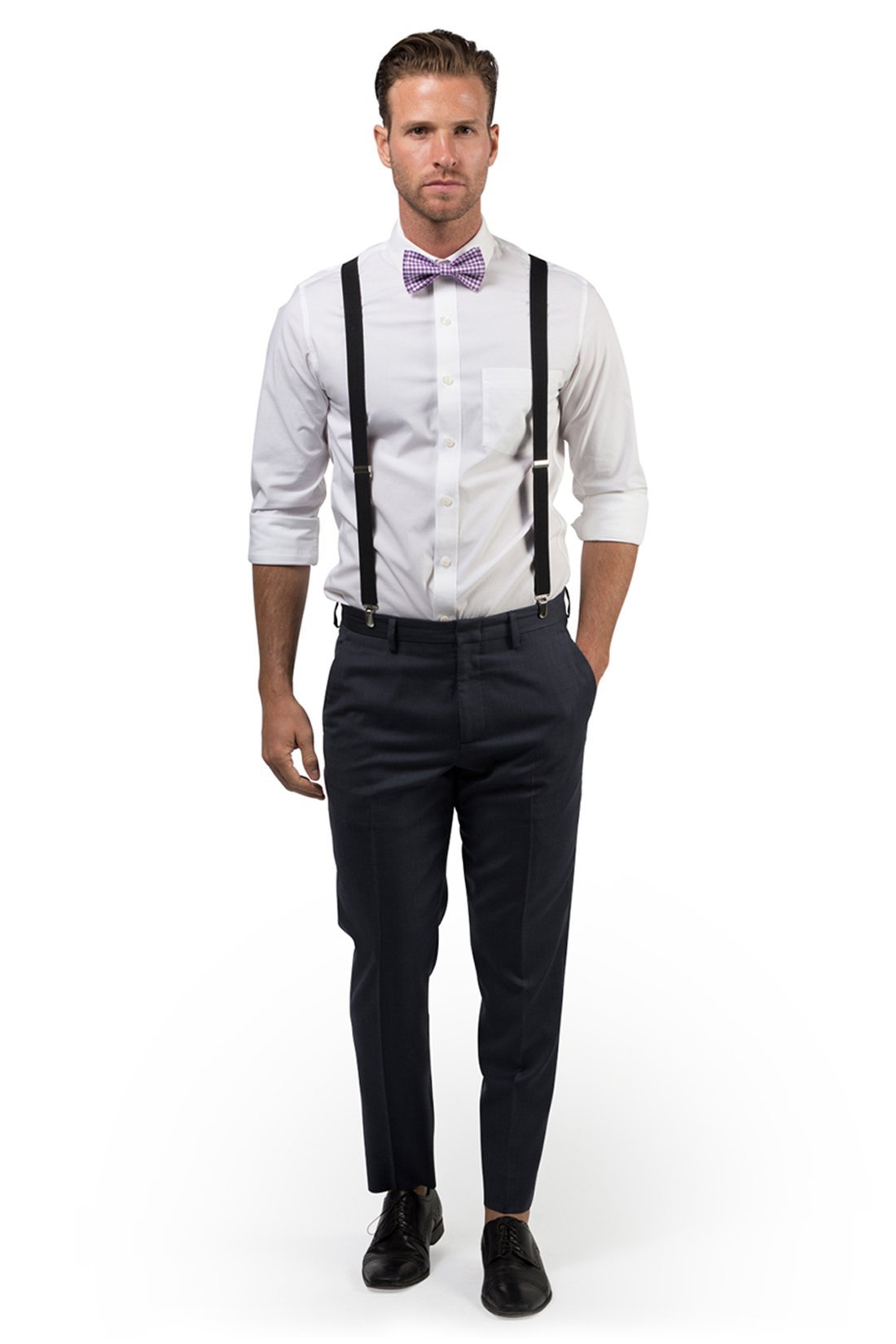 Black Suspenders &amp; Gingham Purple Bow Tie