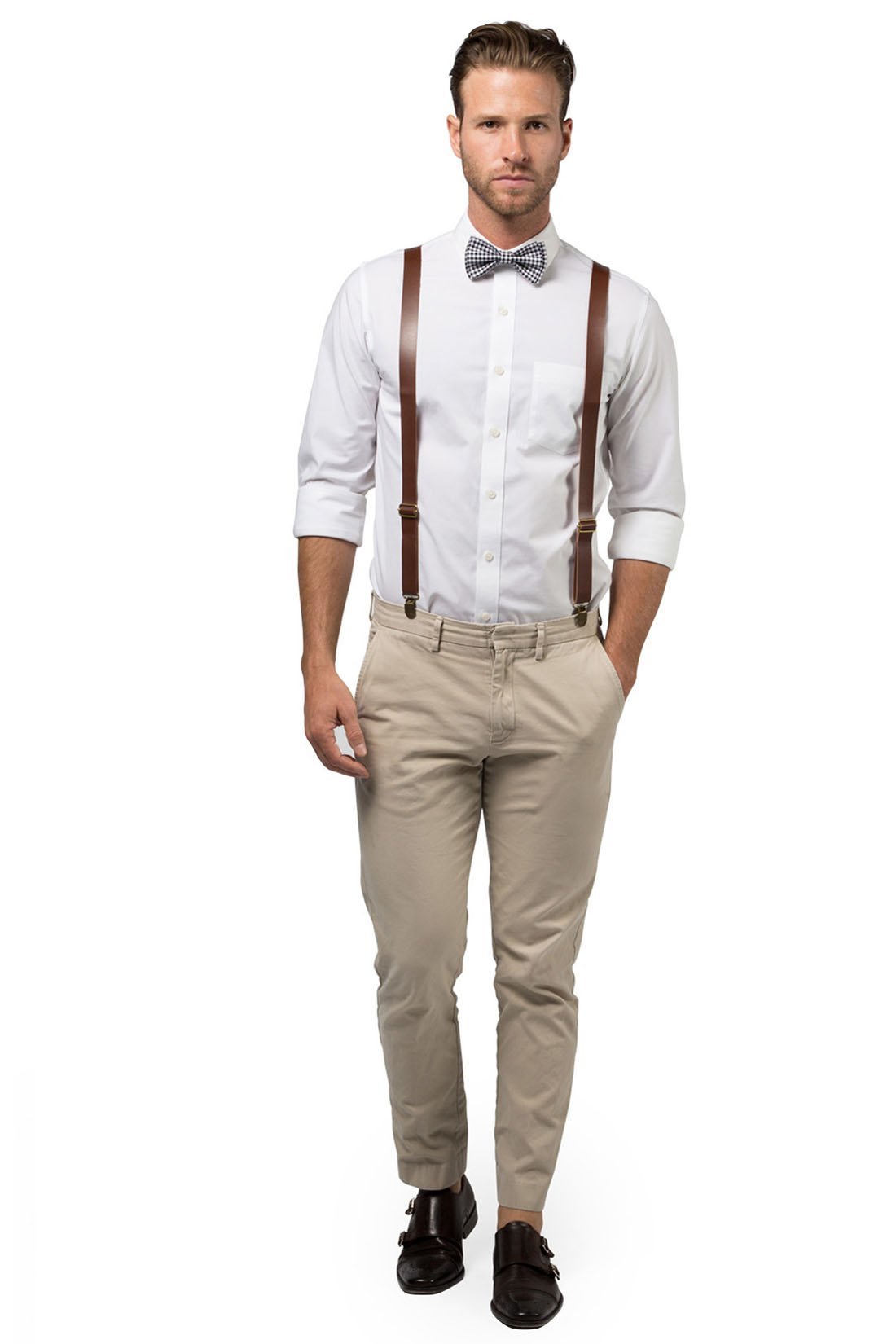 Brown Leather Suspenders & Gingham Black Bow Tie