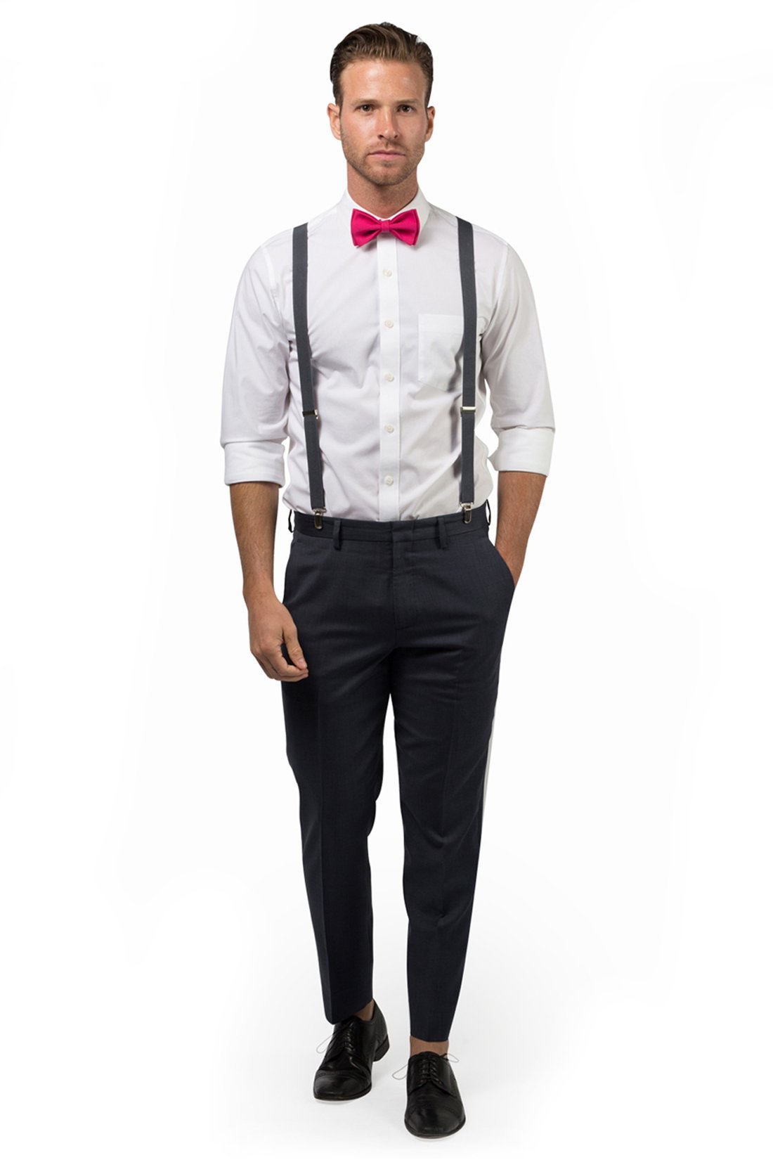 black dress shirt with pink bow tie Stylish Happy Groom Posing In Pink Bow Tie And Black Suit Outdoors Getting Ready In The Morning Before Wedding Ceremony Rich Businessman Smiling Stock Photo - Download Image Now
