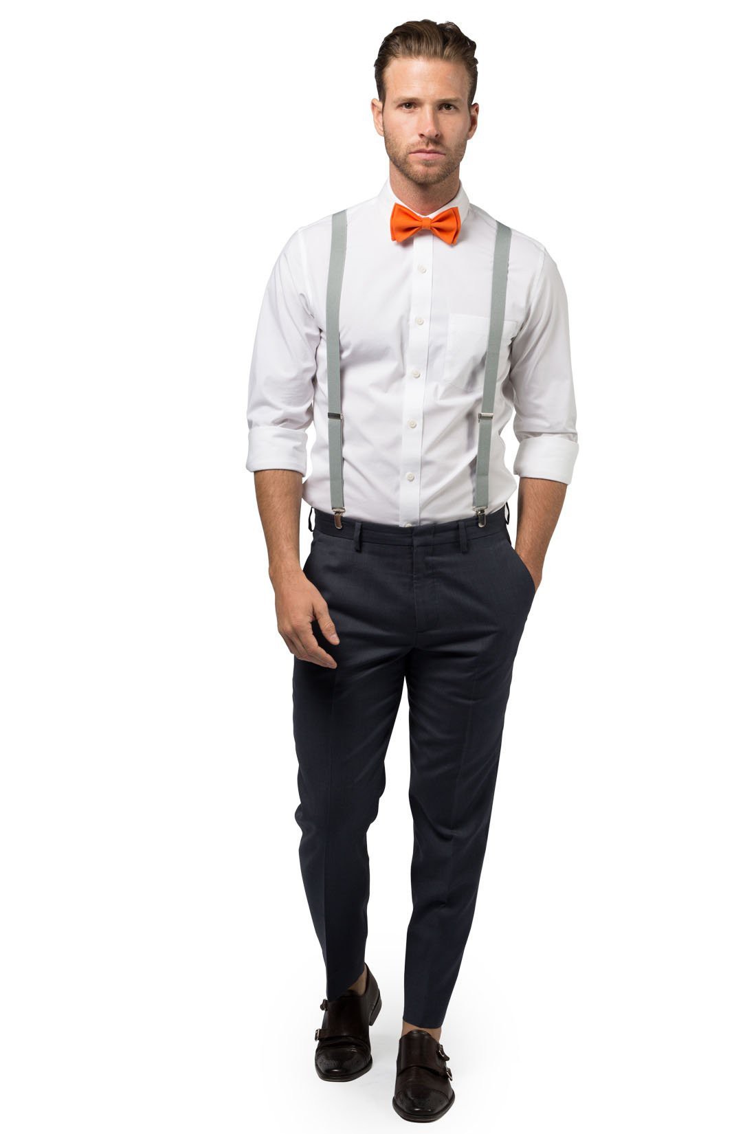 Light Gray Suspenders & Orange Bow Tie