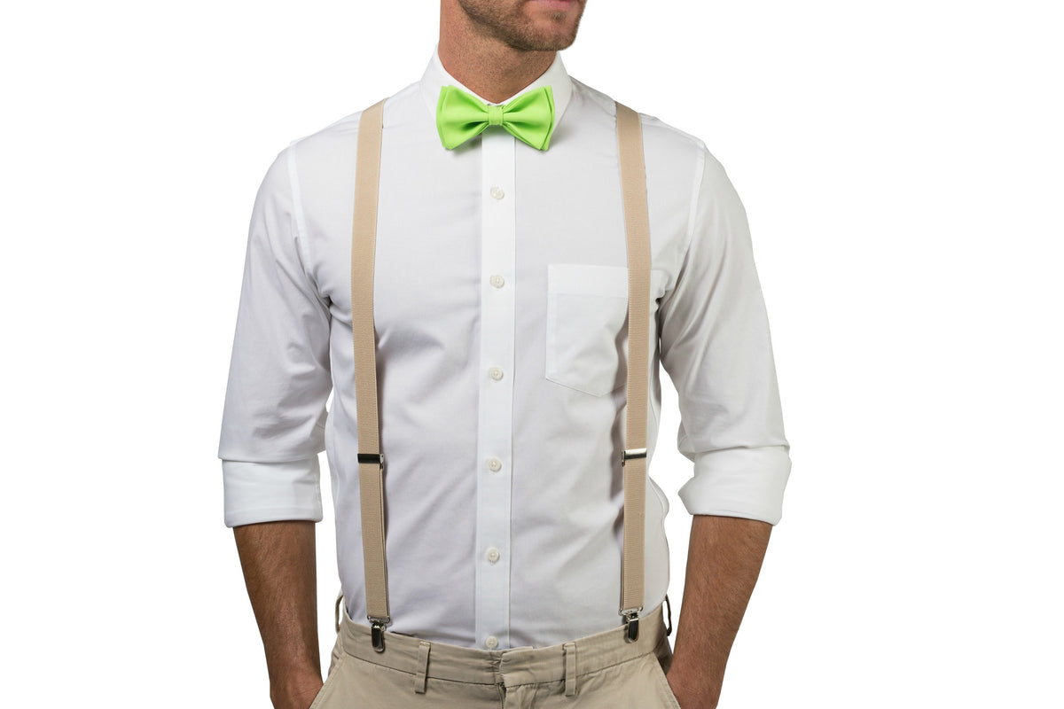 Beige Suspenders &amp; Lime Bow Tie