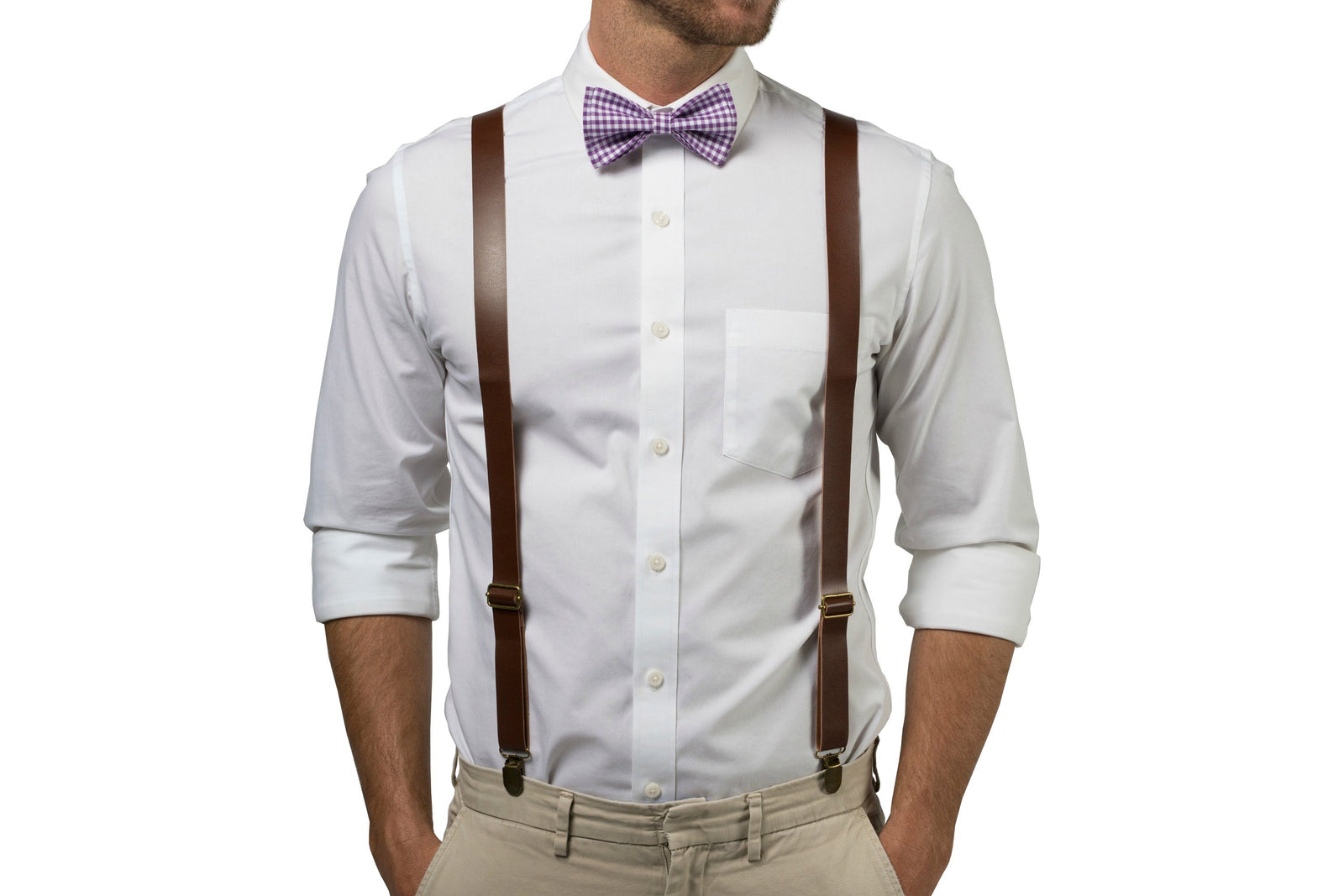 Brown Leather Suspenders & Gingham Purple Bow Tie