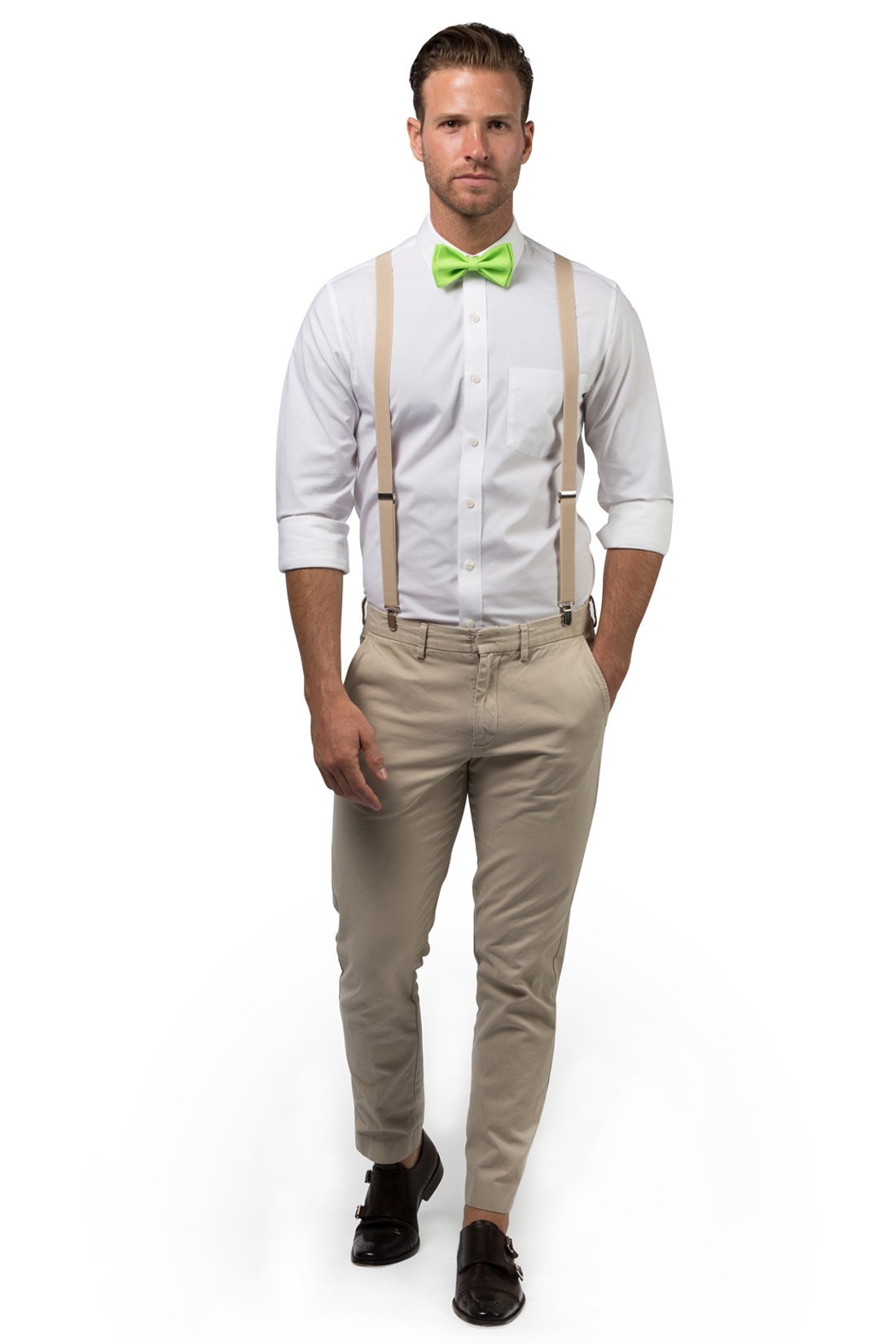 Beige Suspenders &amp; Lime Bow Tie