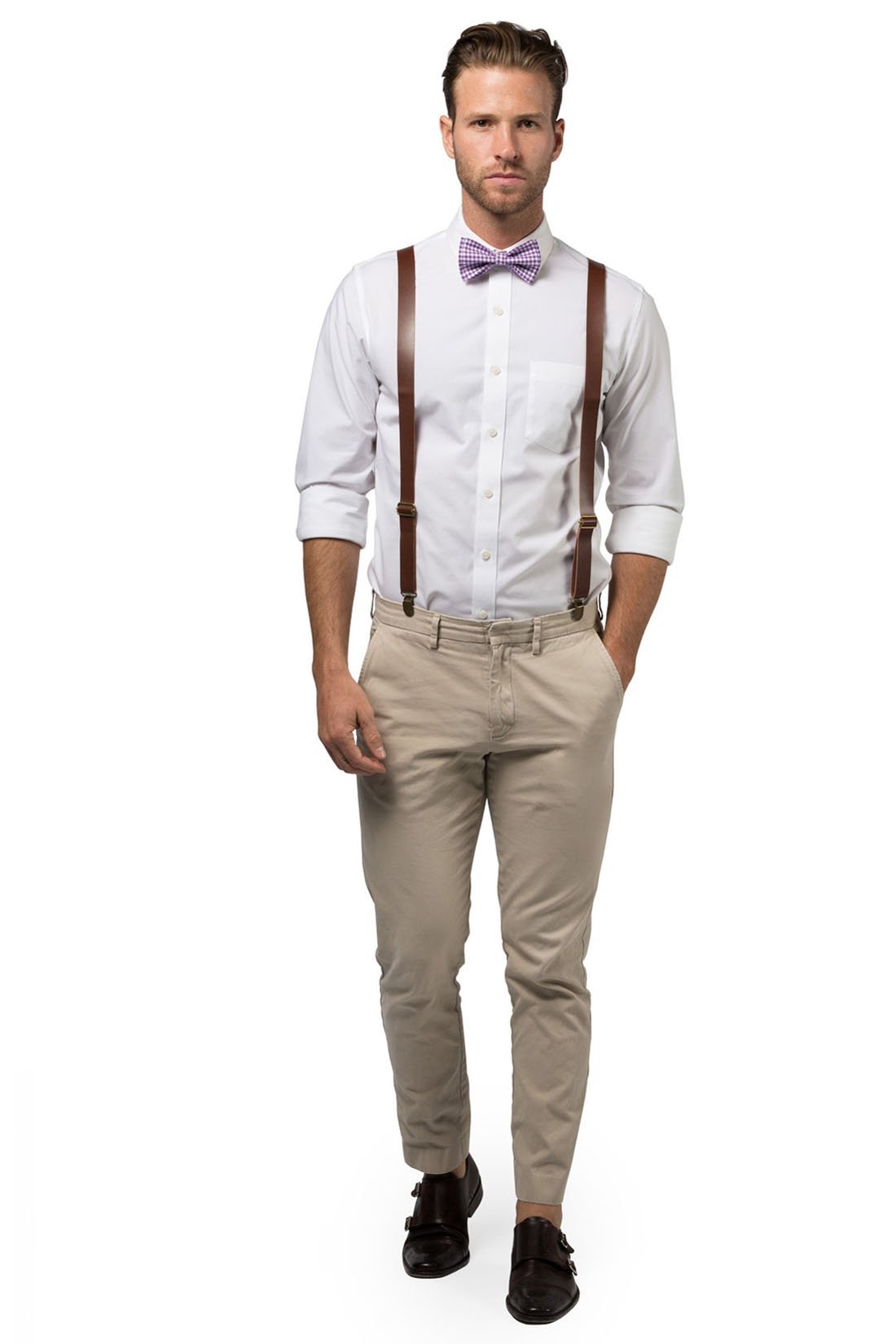 Brown Leather Suspenders &amp; Gingham Purple Bow Tie