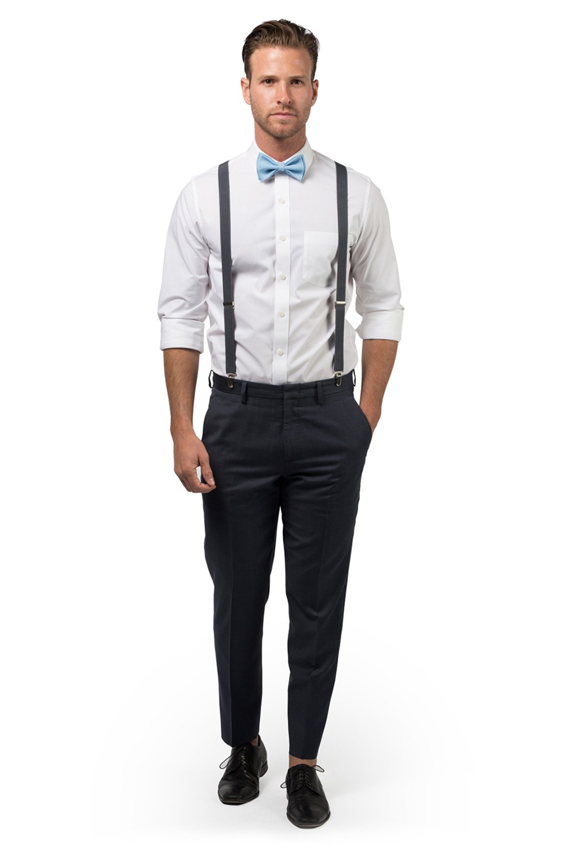 Charcoal Suspenders &amp; Baby Blue Bow Tie