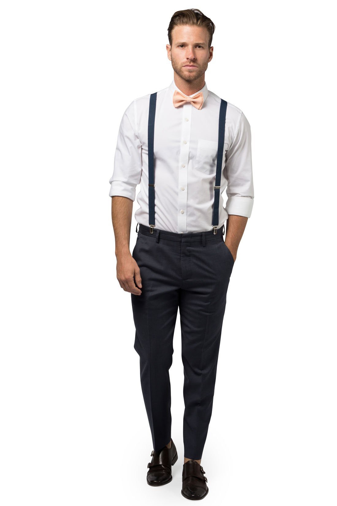 Navy Suspenders & Peach Bow Tie