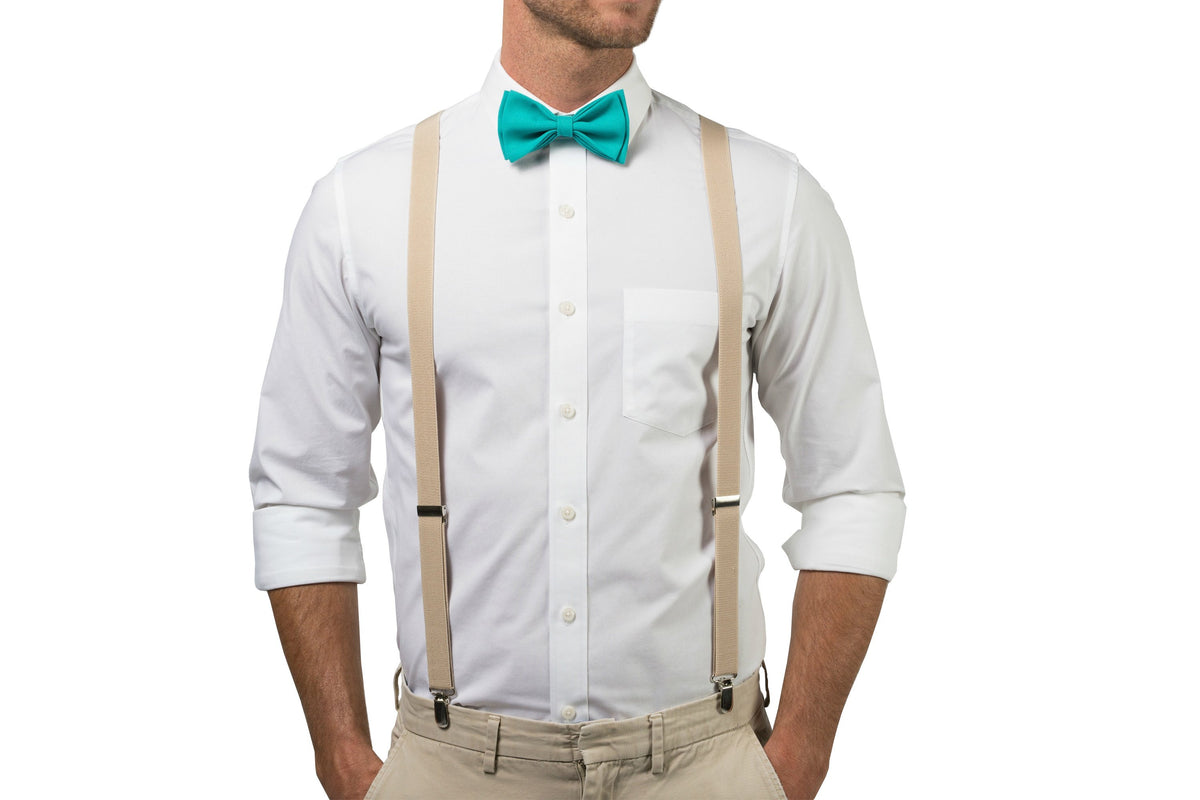 Beige Suspenders &amp; Jade Bow Tie