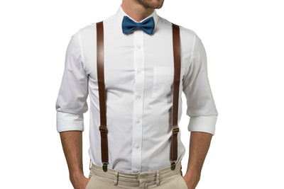 Brown Leather Suspenders & Peacock Bow Tie