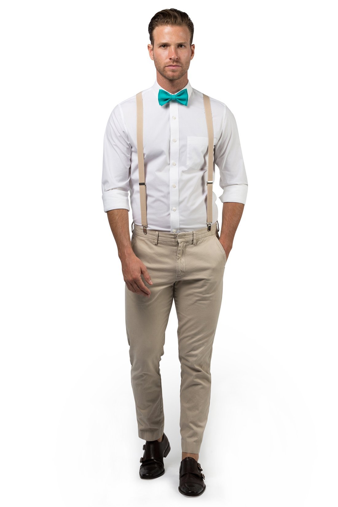 Beige Suspenders &amp; Jade Bow Tie