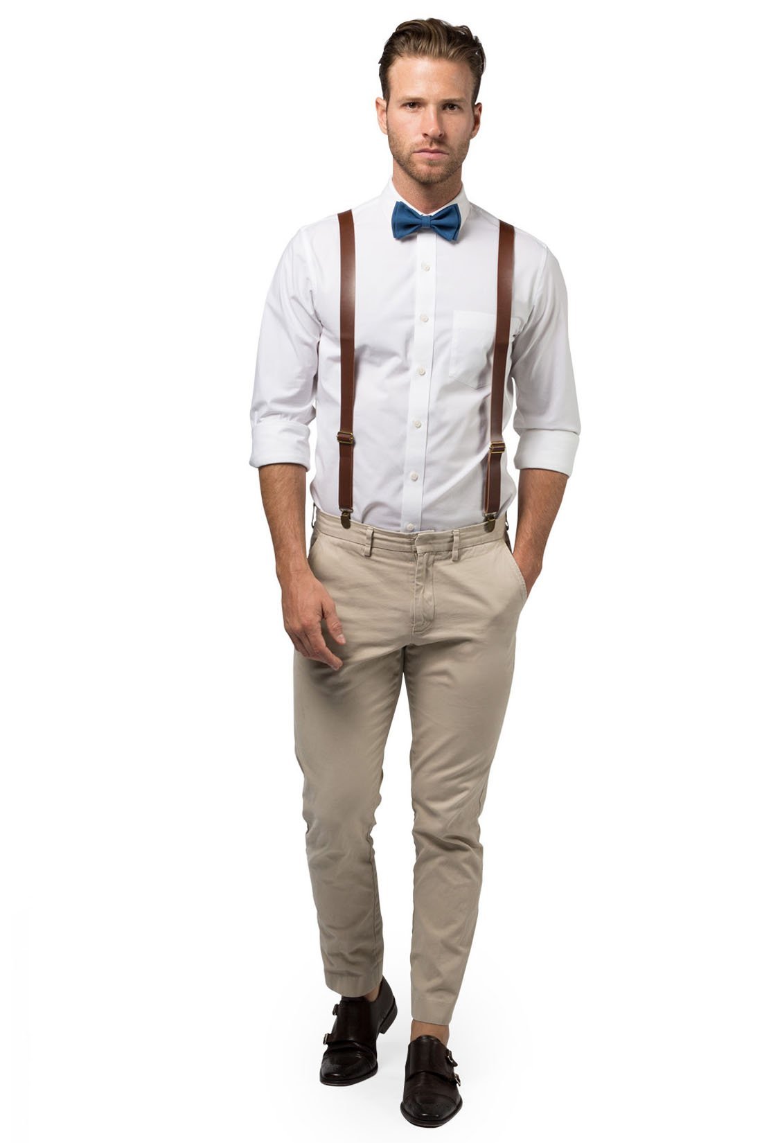 Brown Leather Suspenders &amp; Peacock Bow Tie