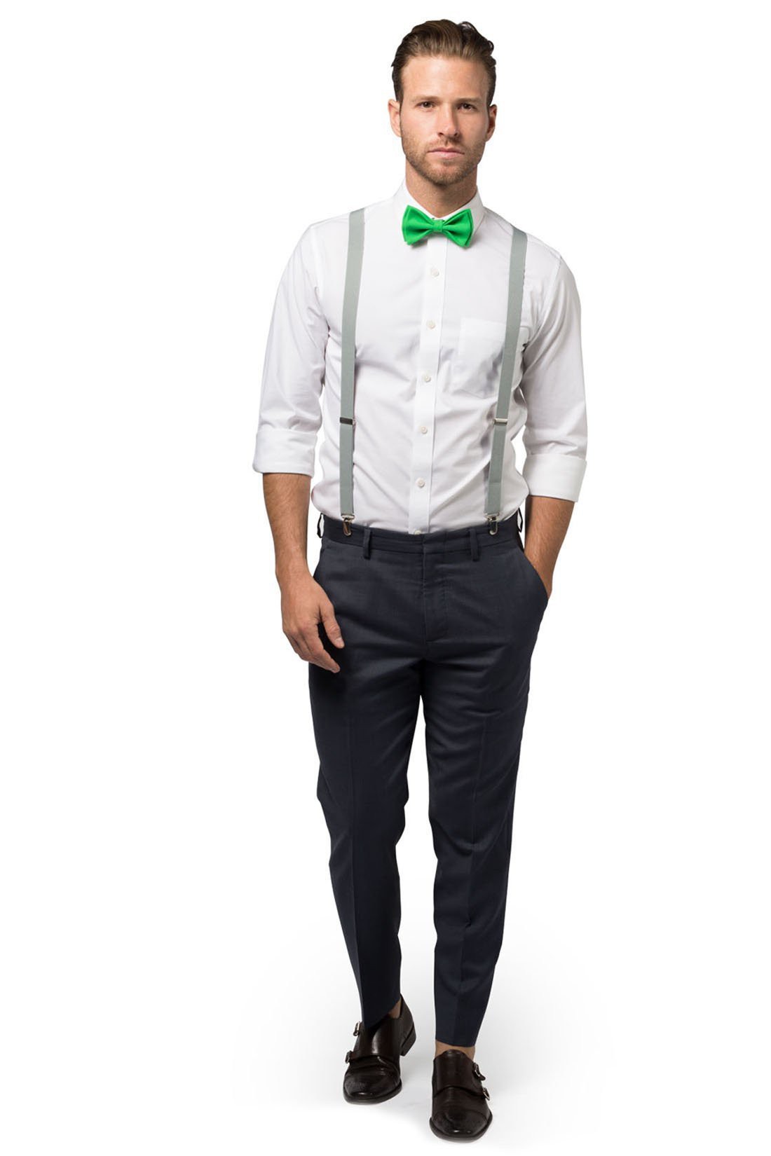 Light Gray Suspenders &amp; Green Bow Tie