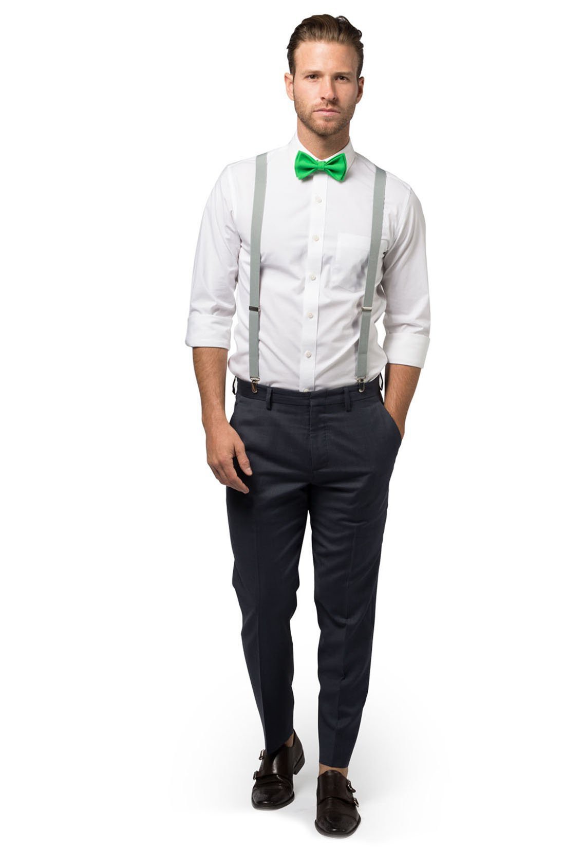Light Gray Suspenders & Green Bow Tie