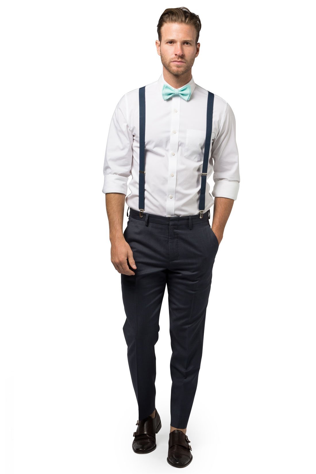 Navy Suspenders &amp; Aqua Bow Tie