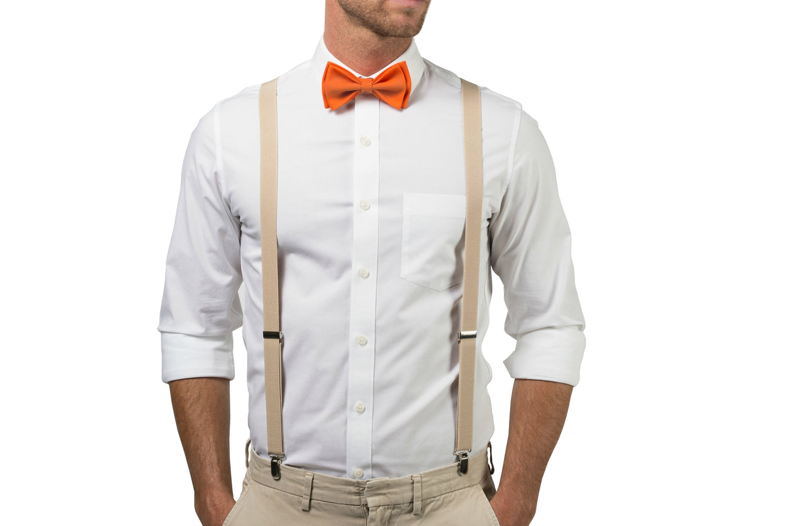 Beige Suspenders & Orange Bow Tie