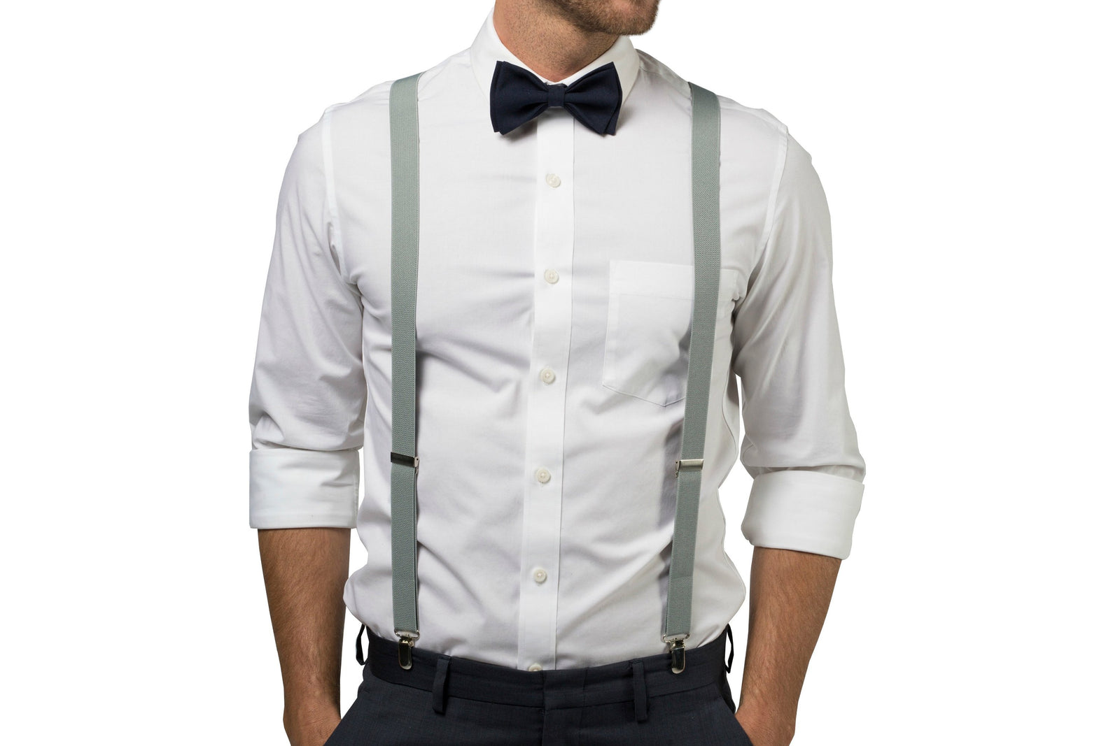Light Gray Suspenders & Navy Bow Tie