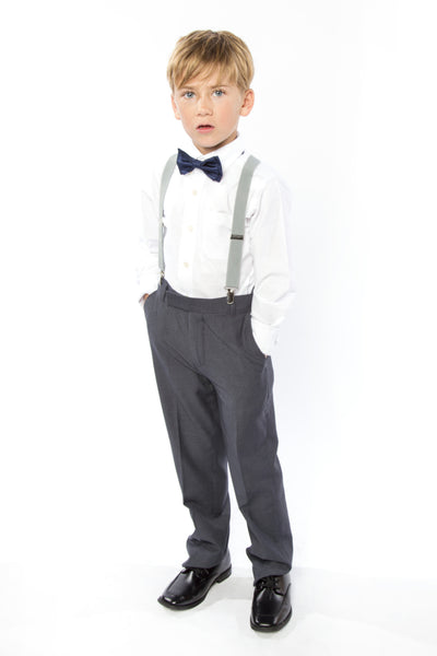 Light Grey Suspenders & Navy Bow Tie for Kids