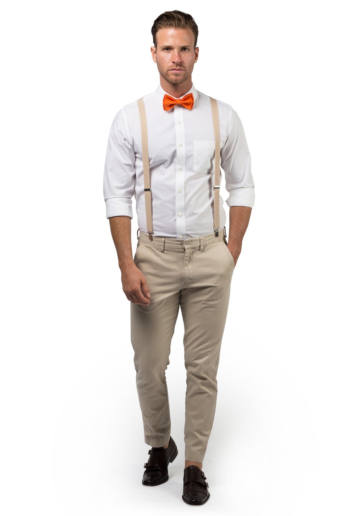 Beige Suspenders & Orange Bow Tie